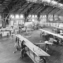 Cadets receive instruction on aircraft maintenance at the Army School of Aeronautics in the New Drill Hall (Barton Hall).